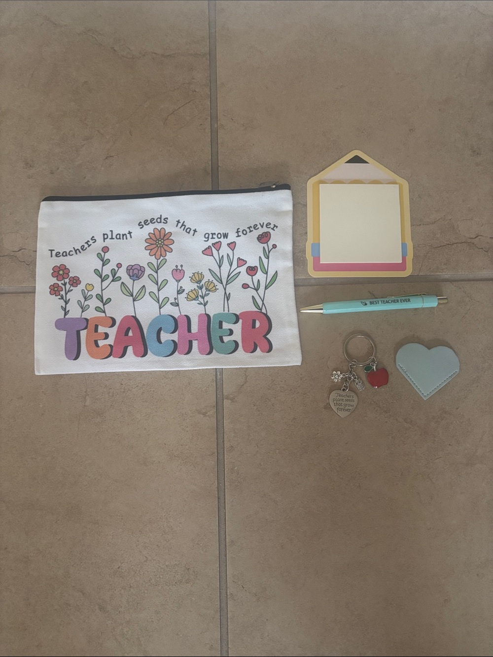 Teacher bundle  pouch keychain post it. Pen heart